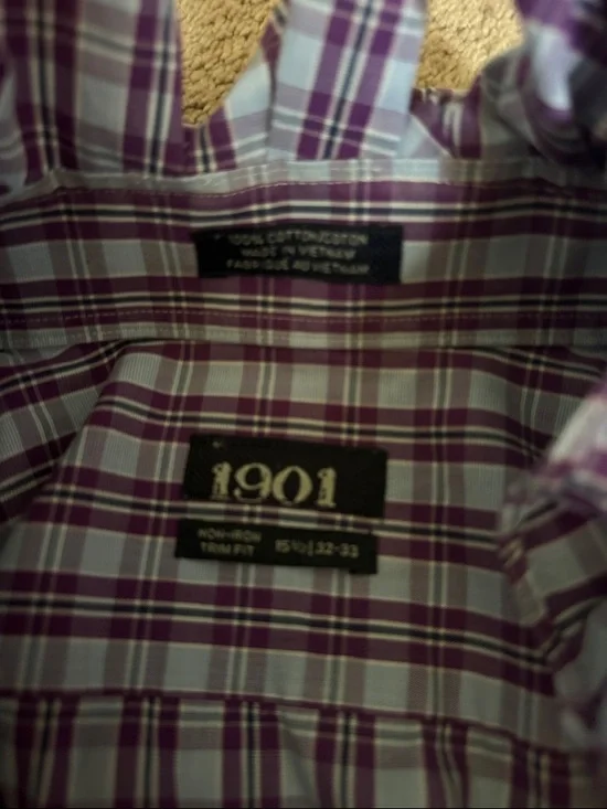 1901 Women's Purple and White Plaid Button-Down Ruffled collar Shirt - Picture 5 of 5